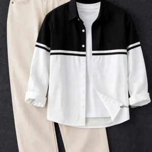 Men’s Color Block Casual Shirt with T-shirt & Pants Set