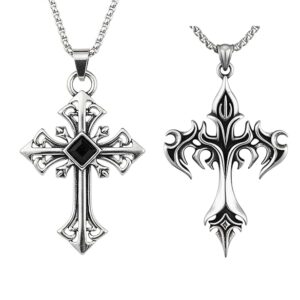2 Pieces Gothic Jewellery, Flame Punk Cross Necklace Set for Men and Women, Chain for Men, Pendant, Mens Accessories Stylish, Gothic Punk Statement Jewelry