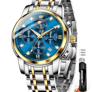 OLEVS Chronograph Watches for Men Original Analog Quartz Black Stainless Steel Chain Luxury Dual Time Zone Moon Phase Date Waterproof Men's Wrist Watch