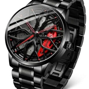 Men’s Quartz Watch with Rotating Alloy Wheel Dial | Brake Disc Inspired Sport Car Wheel Watch for Men & Boys, Black Stainless Steel Bracelet, Red Hands Spinner Design