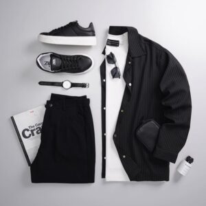 Men’s Premium Black Smart Casual Outfit Set (Pinstripe Jacket Combo)