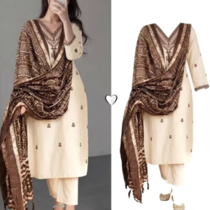 Women’s Printed Kurta Pant Set with Dupatta (Cream & Brown Ethnic Wear)