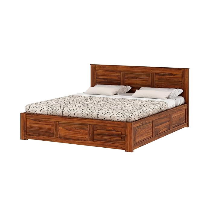 aman traders sheesham wood swiss queen size bed with box storage | wooden double bed cot palang furniture for bedroom living room home hotel (natural finish)