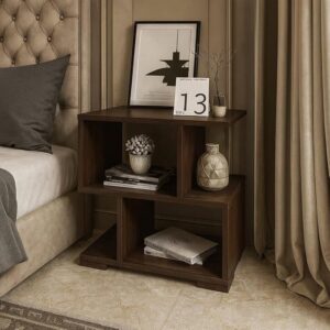 nest nature haven engineered wood contemporary bedside end table with three open shelves for book storage and a small nightstand organiser corner stand for office, bedroom, living room home decor
