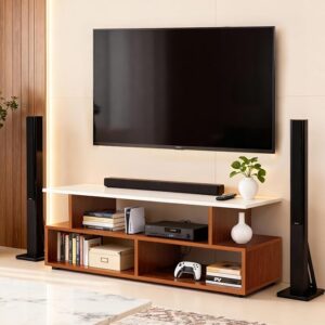 about space tv stand engineered wood tv showcase with foot pad entertainment console shelf storage for set top box, decor, books for living room tv unit oak red(l 101 x b 40.5 x h 41 cm)