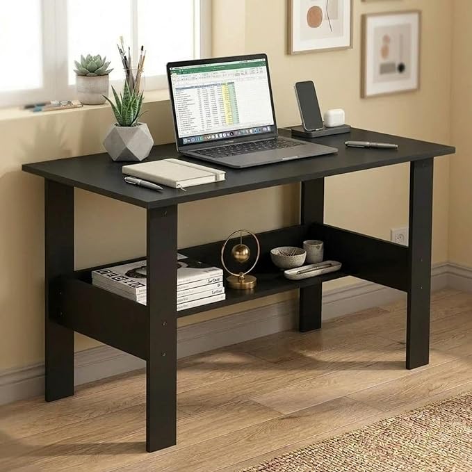 callas engineered wood computer desk with shelf – modern laptop study table for home office, workstation & writing desk for students and professionals (st 09 black)