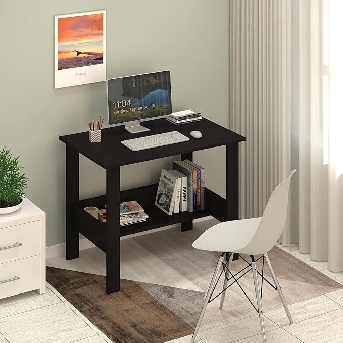 callas engineered wood computer desk with shelf – modern laptop study table for home office, workstation & writing desk for students and professionals (st 09 black)