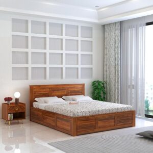 aman traders sheesham wood swiss queen size bed with box storage | wooden double bed cot palang furniture for bedroom living room home hotel (natural finish)