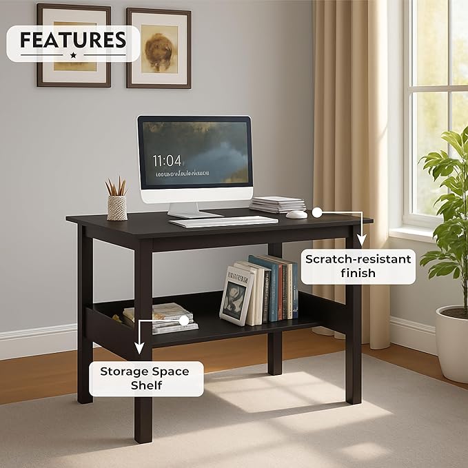 callas engineered wood computer desk with shelf – modern laptop study table for home office, workstation & writing desk for students and professionals (st 09 black)